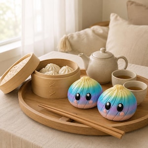 May include: Two round, rainbow-colored dumpling-shaped figurines with large black eyes and pink cheeks sit on a wooden tray. Beside them are a bamboo steamer containing white dumplings, a speckled ceramic teapot, two cups, and chopsticks.