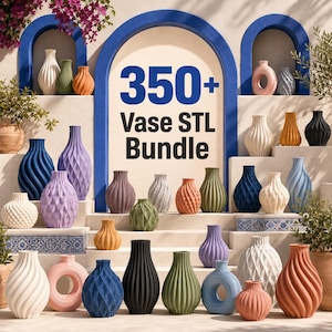 May include: A collection of 350+ decorative vases in various shapes, sizes, and colours including blue, orange, green, purple, white, and black. The vases feature geometric, ribbed, and spiral patterns, with some circular designs, displayed on tiered steps.