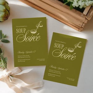 Op de afbeelding: Twee rechthoekige olijfgroene uitnodigingskaarten met witte tekst die luidt You're invited to a SOUP Soirée, Thursday, September 12, 7:00 pm, Mia's House, 1234 Harvest Circle, City, RSVP by Sept 2nd, 123.456.7890.