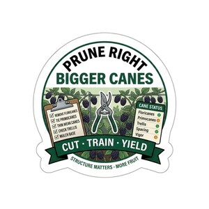 May include: A circular sticker featuring a blackberry plant illustration with pruning shears in the centre. Text reads: PRUNE RIGHT BIGGER CANES, CUT TRAIN YIELD, STRUCTURE MATTERS MORE FRUIT. Includes a checklist and a cane status chart.
