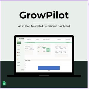Puede incluir: Una pantalla de portátil que muestra el panel de control automatizado para invernaderos GrowPilot. La interfaz incluye una barra de navegación lateral, un resumen diario, el estado del invernadero, un resumen mensual y un gráfico de barras azul.