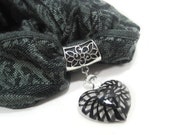 Black Glass Heart Scarf Pendant, Scarf Jewelry, Scarf Necklace, Scarf Charm, Gift Under 20