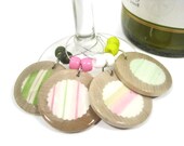 Upcycled Wooden Circle Wine Glass Charms - Stripe Cottage Chic Wine Glass Charms - Stripe Wine Accessories - Decoupage Charm (Set of 4)