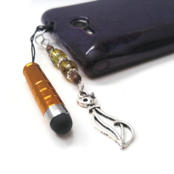 Orange (Cat) Bead Cell Phone Charm - Yellow Mini Stylus - Cell Phone Charm - Stylus Charm - Cell Phone Dust Plug - Tablet Stylus