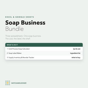 Soap Business Spreadsheet Bundle | Lye Calculator, Label Maker & Inventory Tracker | 3 Excel Google Sheets Templates for Soap Makers