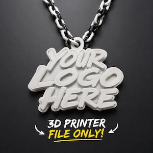 May include: A white pendant featuring the embossed text "YOUR LOGO HERE" suspended from a black and white chain. Below the pendant, yellow text reads "3D PRINTER FILE ONLY!" with white arrows pointing toward the text, indicating a digital file.