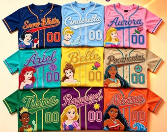 Custom Disney Princess Number Baseball Jersey, Personalized Princess Jersey,Custom Character Shirt, Men Women Kids, Gift for Fans