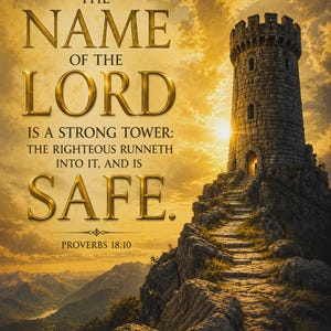 Peut inclure: Une impression d'art numérique montrant une tour en pierre sur une colline rocheuse au coucher du soleil. Le texte indique : THE NAME OF THE LORD IS A STRONG TOWER: THE RIGHTEOUS RUNNETH INTO IT, AND IS SAFE. PROVERBS 18:10. SOL SEEDS OF LIFE STUDIO.