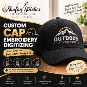 May include: A black baseball cap featuring an embroidered white mountain graphic with a gold arch above it and the text "OUTDOOR ADVENTURE" in white and gold. The background includes text about custom cap embroidery digitising services.