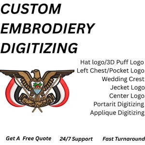 Puede incluir: Anuncio de servicio de digitalización de bordados con un emblema de águila con alas rojas, blancas y negras. Texto: CUSTOM EMBRODIERY DIGITIZING, Hat logo/3D Puff Logo, Left Chest/Pocket Logo, Wedding Crest, Jecket Logo, Center Logo, Portarit Digitizing, Applique Digitizing, Get A Free Quote, 24/7 Support, Fast Turnaround.