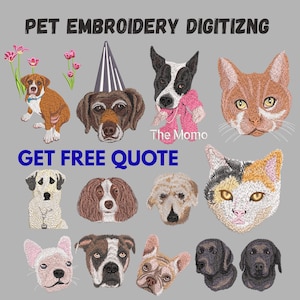 Pode incluir: Uma coleção de retratos de animais bordados com várias raças de cães e gatos, incluindo um filhote com flores rosas, um cão com chapéu de festa e um gato calico. O texto PET EMBROIDERY DIGITIZNG e GET FREE QUOTE aparece em azul e preto.