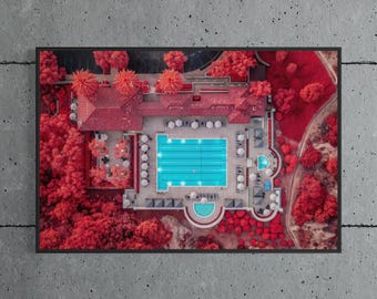 Swimming Pool Aerial Print, Red Infrared Photography, Funky Maximalist Wall Art, Preppy Pool House Decor