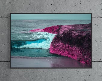 Laguna Beach Wave Print, Pink and Teal Infrared Ocean Photography, Surf Wall Art, Float Framed or Unframed