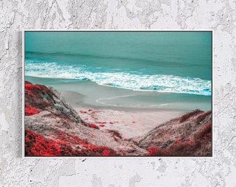 Crystal Cove Moody Beach Print, Teal and Red Infrared California Coast Photography, Surf Wall Art, Float Framed or Unframed