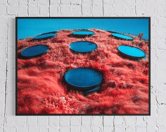 San Francisco Wall Art, Mid Century Modern Art Print, Retro Futurism Red Infrared Photography, Float Framed or Unframed
