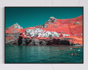 Naxos Greece Print, Greek Island Village Infrared Photography, Funky Teal and Red Wall Art, Float Framed or Unframed