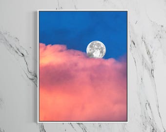 Full Moon Print, Pink Cloud Sunset Photography, Celestial Wall Art, Whimsical Nursery Decor, Float Framed or Unframed
