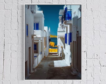 Naxos Greece Alley Print, Blue and White Greek Island Photography, Infrared Coastal Wall Art, Float Framed or Unframed