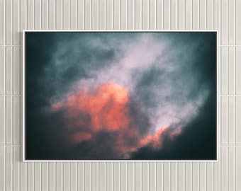 Abstract Cloud Print, Moody Teal and Coral Sunset Sky Photography, Spa Wall Art, Float Framed or Unframed