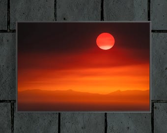 Red Sun Sunset Print, Smoky Mountain Silhouette Photography, Moody Terracotta Wall Art, Float Framed or Unframed