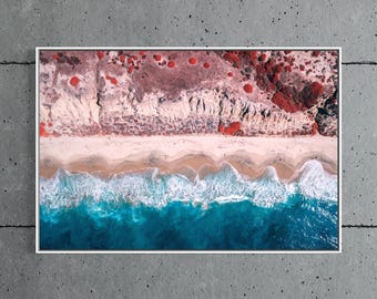 Aerial Beach Print, Red Infrared California Coast Photography, Surreal Coastal Wall Art, Float Framed or Unframed