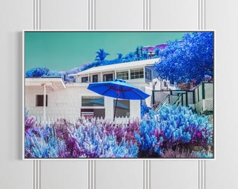 Crystal Cove Beach Cottage Print, Blue and Purple Infrared Photography, Funky Coastal Wall Art, Float Framed or Unframed