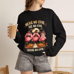 May include: A black long-sleeve sweatshirt featuring a graphic of three pink flamingos wearing witch hats, with pumpkins and a ghost. The text reads HEAR NO EVIL, SEE NO EVIL, and SPEAK NO EVIL in a yellow font against a dark background.