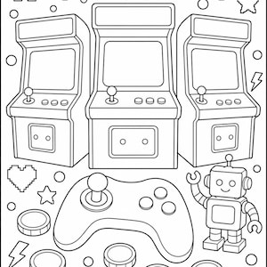 Op de afbeelding: Een zwart-wit kleurplaat met drie arcadekasten, een gamecontroller, een kleine robot en diverse gepixelde iconen waaronder harten, sterren, bliksemschichten en ronde penningen die in een decoratief patroon zijn gerangschikt.