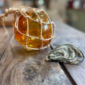 May include: A round, amber-coloured glass fishing float encased in a knotted tan jute rope net, positioned next to a single, textured, greyish-brown oyster shell. The glass float features a translucent, warm orange hue with visible light reflections.