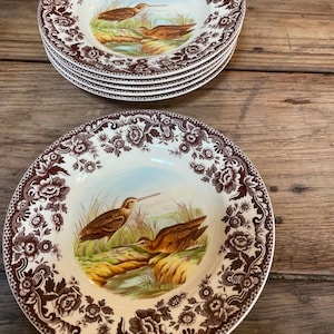 Può includere: Un set di cinque ciotole da zuppa rotonde in ceramica con un motivo floreale marrone e bianco sul bordo. Il centro di ogni ciotola mostra un'illustrazione colorata di due uccelli marroni in una palude erbosa vicino a un ruscello.