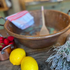 Large Vintage Jean Matillon French Copper Jam Pan, 37.5cm Hammered Preserving Basin, Villedieu Kitchen Décor