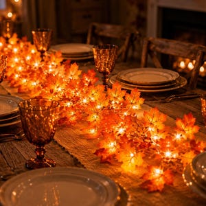 May include: A dining table set with white plates and amber-colored glass goblets, featuring a central decorative garland of illuminated artificial maple leaves in shades of orange, red, and yellow, creating a warm glow across the wooden surface.