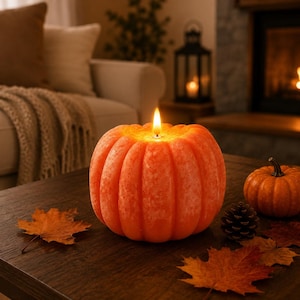 May include: A large, round, orange pumpkin-shaped candle with a textured surface and a lit wick. The candle is placed on a dark wooden surface alongside a smaller, unlit orange pumpkin, a brown pinecone, and several dried autumn maple leaves.