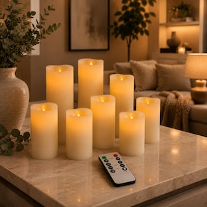 May include: A set of seven cylindrical off-white LED pillar candles of varying heights, each emitting a warm yellow glow from a faux flame. A small white rectangular remote control with multiple buttons is positioned in front of the candles.