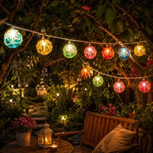 May include: A string of decorative globe lights featuring spherical glass shades encased in woven netting. The lights emit a warm glow in various colors including blue, yellow, green, red, and orange, suspended across tree branches.