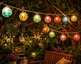 Nautical Fishing Float String Lights, Multicolor Glass Globe Coastal Decor (Indoor Outdoor)