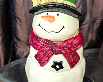 Vintage Santa's Workbench Tabletop Stoneware Snowman Cookie Jar