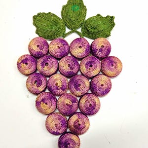 May include: A decorative crochet wall hanging shaped like a bunch of grapes. The grapes are circular, textured, and feature a gradient of purple and tan yarn. Three green crocheted leaves are attached to the top of the grape cluster.