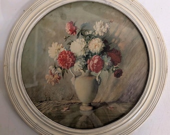 Litografía floral "Blooming Beauties" de Carle J Blenner, marco redondo de madera de 16 pulgadas.