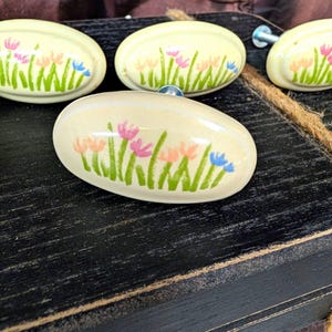 May include: A set of oval-shaped cabinet knobs with a cream-colored base. Each knob features a hand-painted design of green grass blades interspersed with small pink, peach, and blue flowers. The knobs have a smooth, glossy finish and a metal screw.