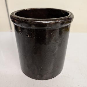 Antique 6.5" Albany Slip Stoneware Crock Brown Glaze Primitive Utensil Holder