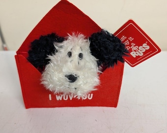 Vtg Russ Berrie Caress Soft Pets Dog Puppy Plush I WUV YOU Red Felt Envelope