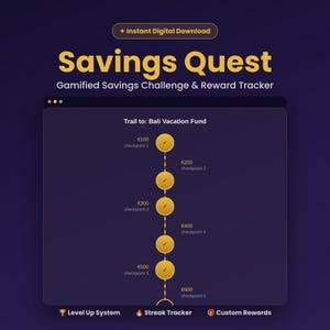 Può includere: Un tracker digitale di risparmio gamificato Savings Quest su sfondo viola scuro. L'interfaccia mostra un Trail to: Bali Vacation Fund con sei checkpoint che vanno da 100 € a 600 €, includendo un sistema di livelli e un tracker di serie.
