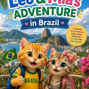 May include: A book cover titled Leo & Mia's Adventure in Brazil featuring an orange tabby cat holding a Brazilian flag and a grey tabby cat with a pink bow and camera. The background shows a coastal city with mountains and the text Explore. Learn. Kindness is the greatest adventure.