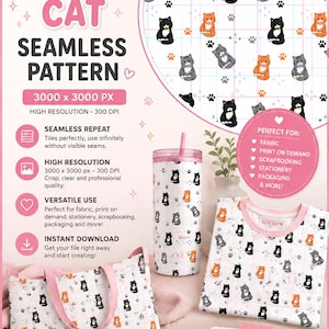 Pode incluir: Um download digital de um padrão sem costuras com gatos e pegadas em preto, cinzento e laranja. A imagem mostra um copo, um saco de pano e uma t-shirt com o padrão, juntamente com texto sobre as especificações do ficheiro.