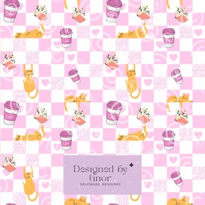 May include: A repeating pattern featuring orange cats, pink coffee cups, and open books with flowers on a light pink and white checkered background. A rectangular purple label at the bottom displays the text Designed by linor SELFMADE DESIGNS.