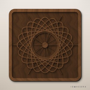 May include: A square dark brown wooden wall art piece featuring a complex, layered geometric mandala pattern with curved, interlocking lines radiating from a central circular point. The word ISOHEDRA is printed in small letters in the bottom right corner.