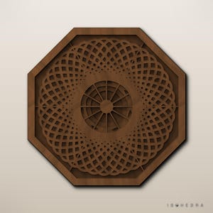 May include: An octagonal brown wooden wall art piece featuring a complex, layered geometric lattice pattern. The center contains a circular wheel-like design with radiating spokes. The text ISOHEDRA is printed in the bottom right corner.
