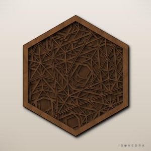 May include: A hexagonal wooden wall art piece featuring intricate, multi-layered geometric cutouts with a dark brown finish. The design consists of overlapping lines and angular shapes creating depth. The text ISOHEDRA is printed in the bottom right corner.