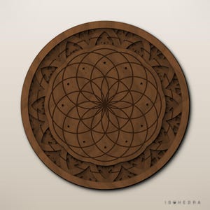 May include: A circular brown wooden wall art piece featuring a laser-cut geometric mandala pattern with overlapping circles and intricate petal-like cutouts. The design includes the text ISOHEDRA in the bottom right corner of the composition.